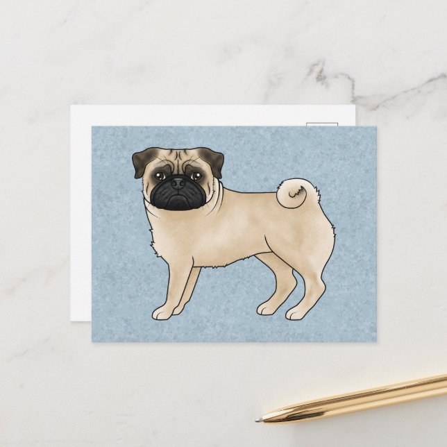 Cartão Postal Fawn Pug Canine Cãozinho Cartoon Illustração Azul (Frente/Verso In Situ)