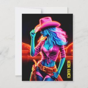 Cartão Postal Fazenda de neon elétrica de chapéu rosa sob noite