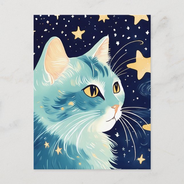 Cartão Postal Fechar um gato com estrelas ao fundo (Frente)