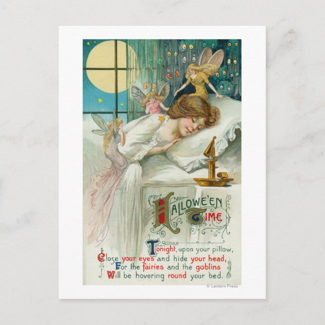 Cartão Postal Feiras do Halloween em volta de uma mulher dormind (Frente)