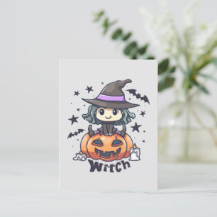 Cartão Postal Feiticeira Bonita Sentada numa Pumpkin - "Bruxa"