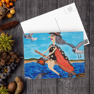 Cartão Postal Feiticeira Engraçada Vassoura Gato Grelha Praia