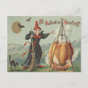 Cartão Postal Feiticeira Pumpkin Cauldron Black Cat Spell