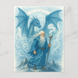 Cartão Postal Feiticeiro e Dragão em Blue Watercolor Fantasy
