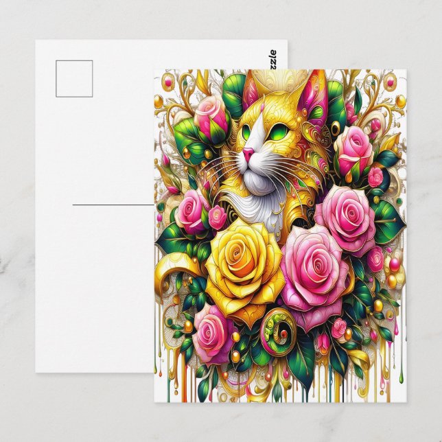 Cartão Postal Feline em meio a um Blogue Floral Vibrante (Frente/Verso)