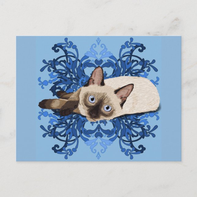Cartão Postal Felino bonito floral azul elegante do gato Siamese (Frente)