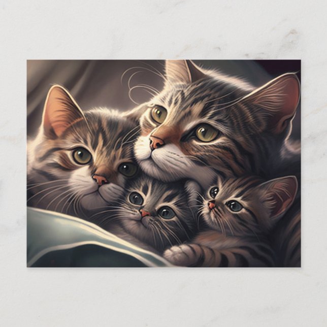 Cartão Postal Felino da Família fofinho - Gato-mãe e Gatinhos (Frente)