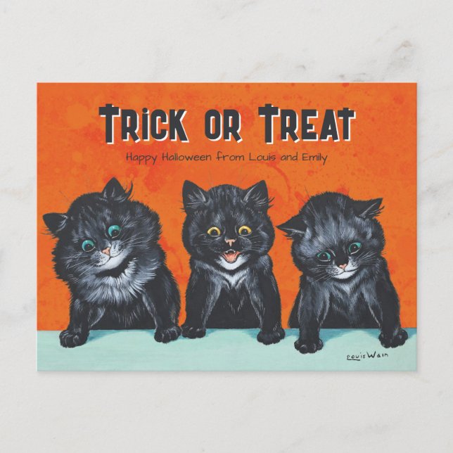 Cartão Postal Felinos negros animados do Halloween Louis Wain CC (Frente)