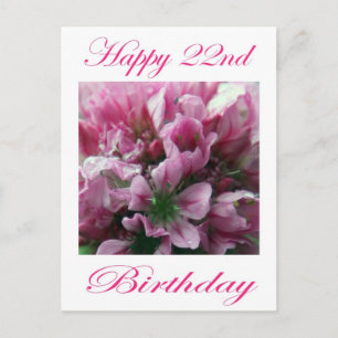 Cartão Postal Feliz 22º Aniversário, Rosa e Flor Verde