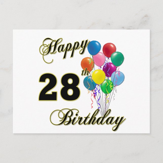 Cartão Postal Feliz 28º aniversário presente com balões (Frente)