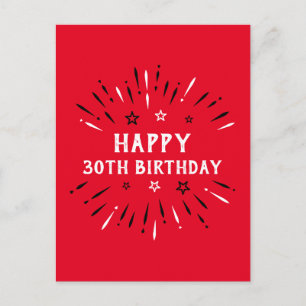 Cartão Postal Feliz 30º Aniversário Fogos de Artifício Vermelho