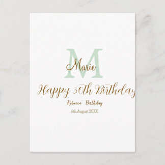 Cartão Postal Feliz 30º Aniversário monograma verde pastel doura