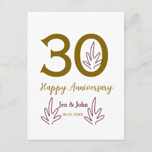 Cartão Postal Feliz 30º aniversário nome data folha vermelha dou