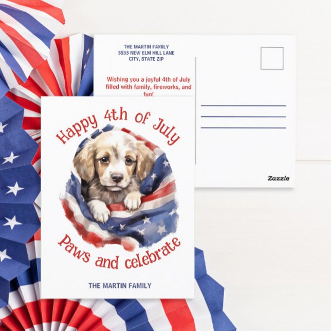 Cartão Postal Feliz 4 de julho Bandeira Americana Cuppy (Happy 4th of July American flag and puppy greeting postcard )