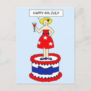 Cartão Postal Feliz 4 de julho Cartoon Lady on a Cake