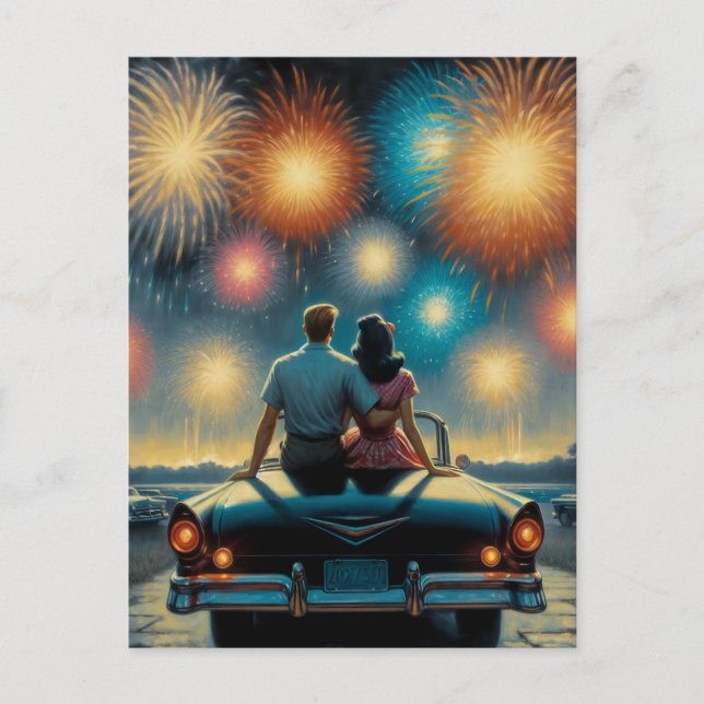 Cartão Postal Feliz 4 de julho | Fogos de artifício Casal da déc (Frente)