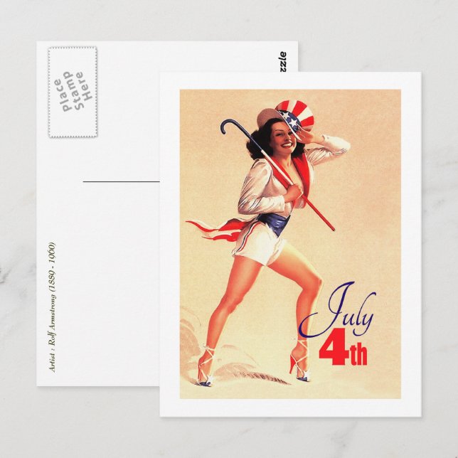 Cartão Postal Feliz 4 de julho. Vintage Pin-up (Frente/Verso)