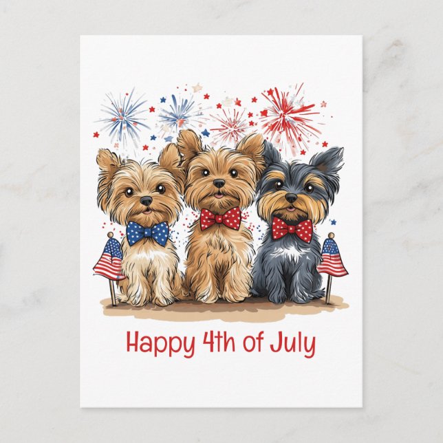 Cartão Postal Feliz 4 De Julho Yorkshire Terrier Dogs (Frente)