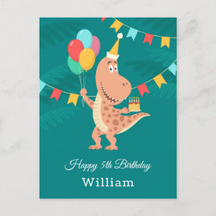 Cartão Postal Feliz 5 Birthday Cake Balloon Cute Dinosaur