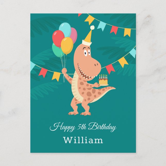 Cartão Postal Feliz 5 Birthday Cake Balloon Cute Dinosaur (Frente)