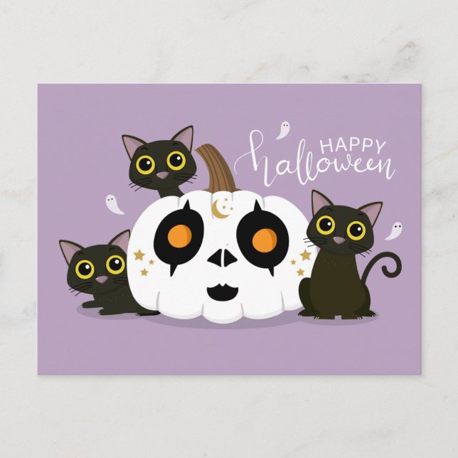 Cartão Postal Feliz Abóbora Celta do Halloween e Gatos Negros (Frente)