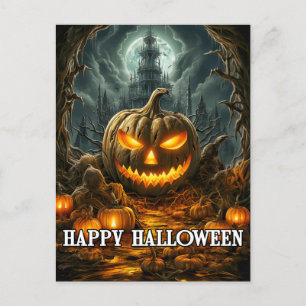 Cartão Postal Feliz Abóbora de Halloween sob o luar