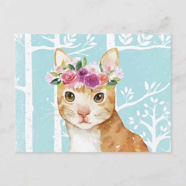 Cartão Postal Feliz Animal com Flores no Gatinho de Gato de Flor (Frente)