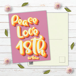 Cartão Postal Feliz Aniversário 18 Peace Love Pink Retro Groovy