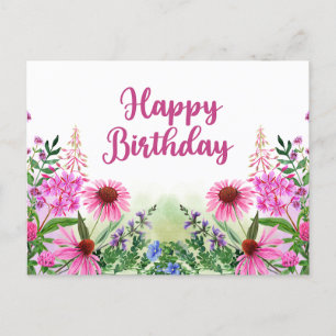 Cartão Postal Feliz Aniversário Aguarela Flores Silvestres Rosa