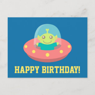 Cartão Postal Feliz Aniversário, Alien Cute na Espaçonave
