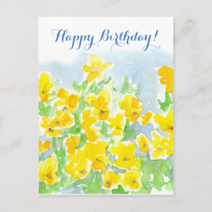 Cartão Postal Feliz Aniversário Amarelo Flores Violas