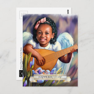 Cartão Postal Feliz aniversário. Anjo Pequeno com Lute