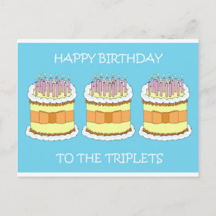 Cartão Postal Feliz Aniversário aos Tripletes, Bolo e Velas