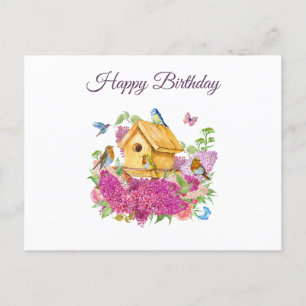 Cartão Postal Feliz Aniversário Aquarela Birdhouse Lilac Flowers