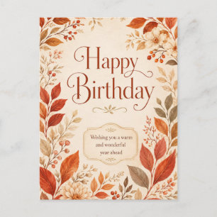 Cartão Postal Feliz Aniversário Aquarela Botânica Outono Quente