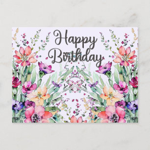 Cartão Postal Feliz Aniversário Aquarela Campo de Flores Selvage