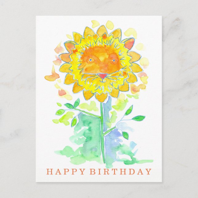 Cartão Postal Feliz Aniversário Aquarela Flor de Leão (Frente)