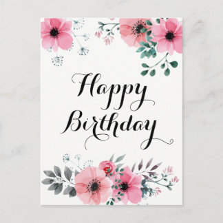 Cartão Postal Feliz Aniversário Aquarela Floral Rosa
