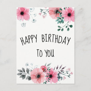 Cartão Postal Feliz Aniversário Aquarela Floral Rosa Bonito