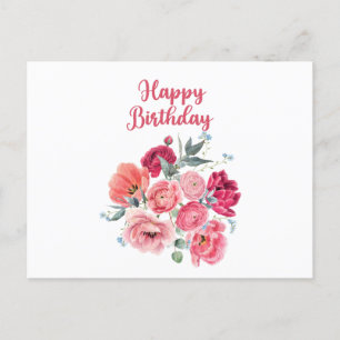 Cartão Postal Feliz Aniversário Aquarela Flores Vermelhas e Rosa
