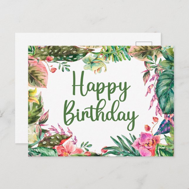 Cartão Postal Feliz Aniversário Aquarela Folhas e Flores Tropica (Frente/Verso)