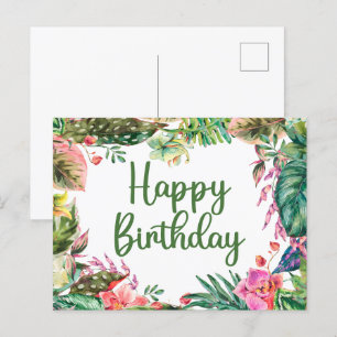 Cartão Postal Feliz Aniversário Aquarela Folhas Tropicais, Flore