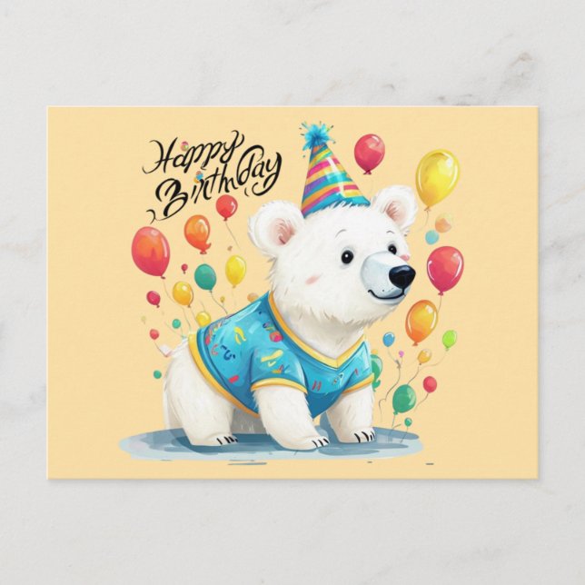 Cartão Postal Feliz Aniversário Arte de Balões de Urso Polar Fes (Frente)