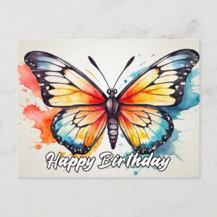 Cartão Postal Feliz Aniversário Arte de Borboleta Colorida Fofa