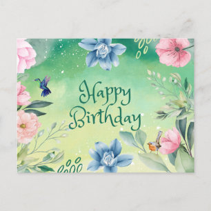 Cartão Postal Feliz Aniversário Azul, Flores de Aquarela Rosa