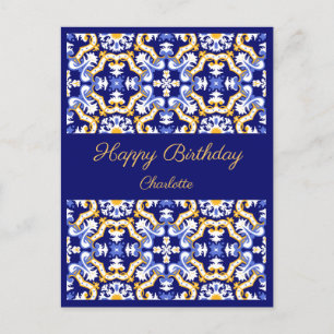 Cartão Postal Feliz Aniversário, azul personalizável Azulejos