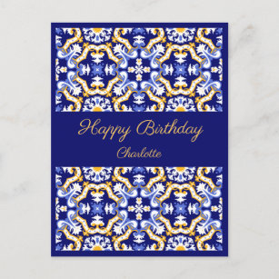 Cartão Postal Feliz Aniversário, azul personalizável Azulejos