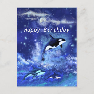 Cartão Postal Feliz Aniversário - Baleias Assassinas na Lua Chei