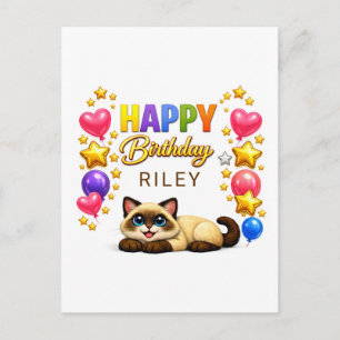 Cartão Postal Feliz Aniversário Balões e Estrelas Gato Siames