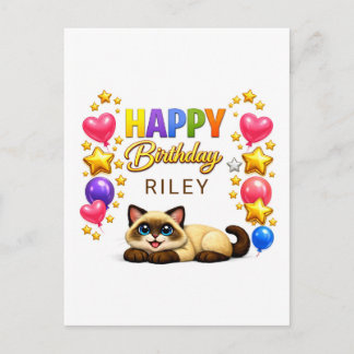 Cartão Postal Feliz Aniversário Balões e Estrelas Gato Siames